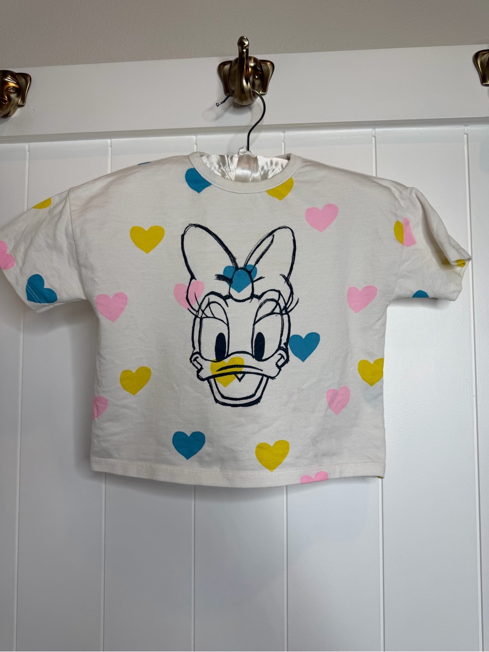 Zara Kids Daisy Face Heart Tee - White with Blue Pink Yellow